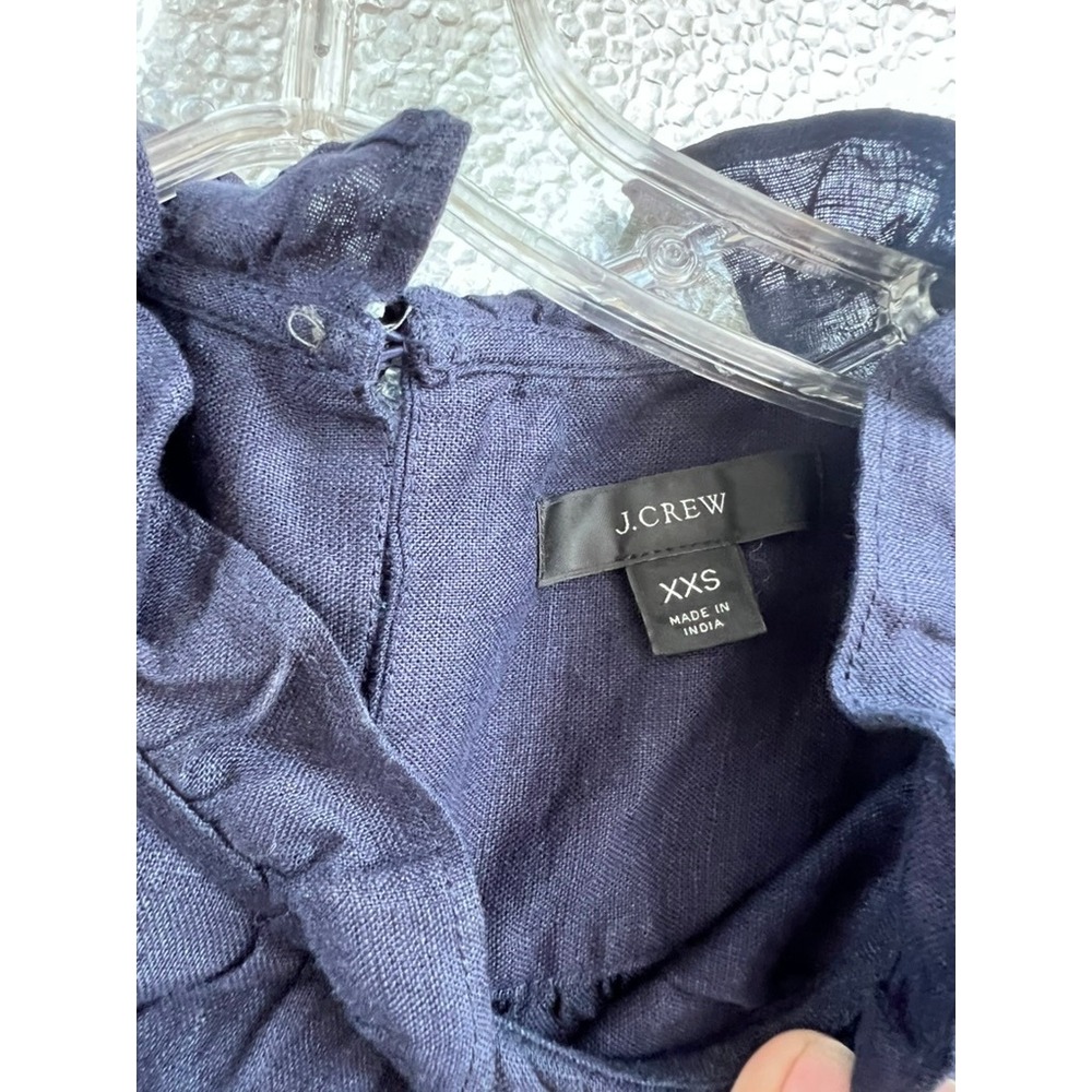J.Crew‎ Navy Linen Ruffle Neck Puff Sleeve Smocked Blouse Top AY671 XXS - Picture 2 of 7